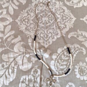 Beaded Black & White Necklace with Cross Pendant